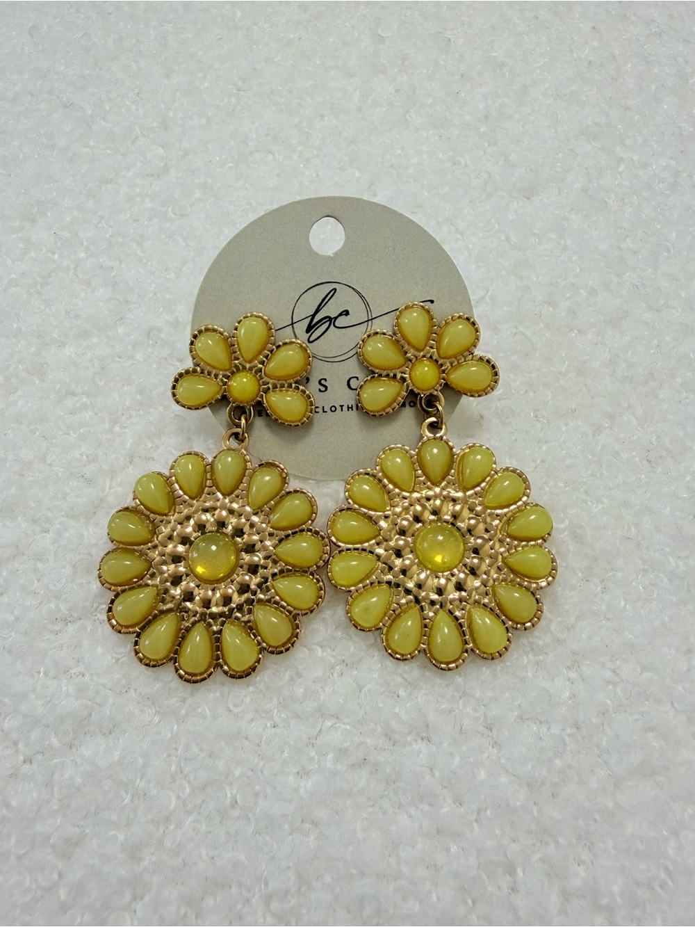 Yellow Floral Statement Drop Earrings with Gold Accents
